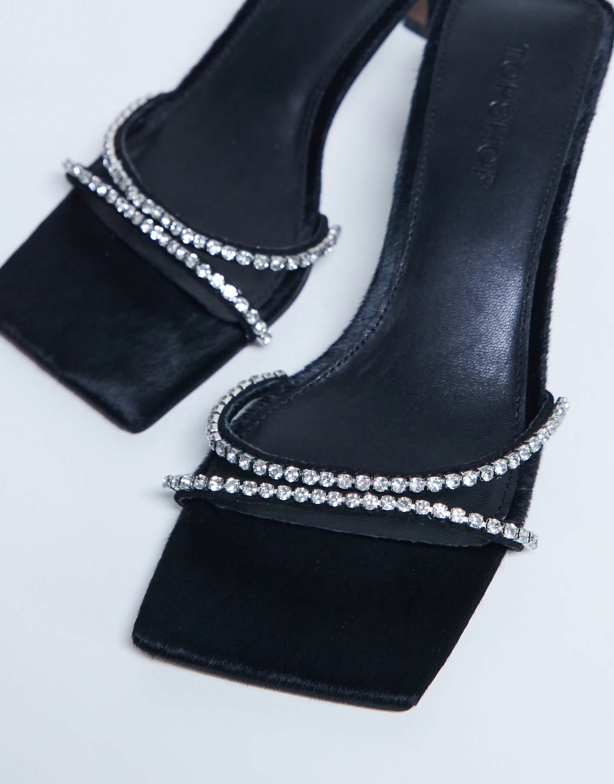 Topshop Astrid diamante heeled mule in black hair on real leather