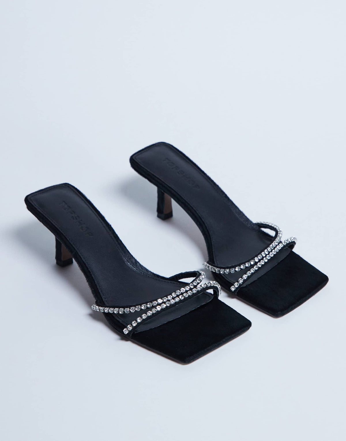 Topshop Astrid diamante heeled mule in black hair on real leather