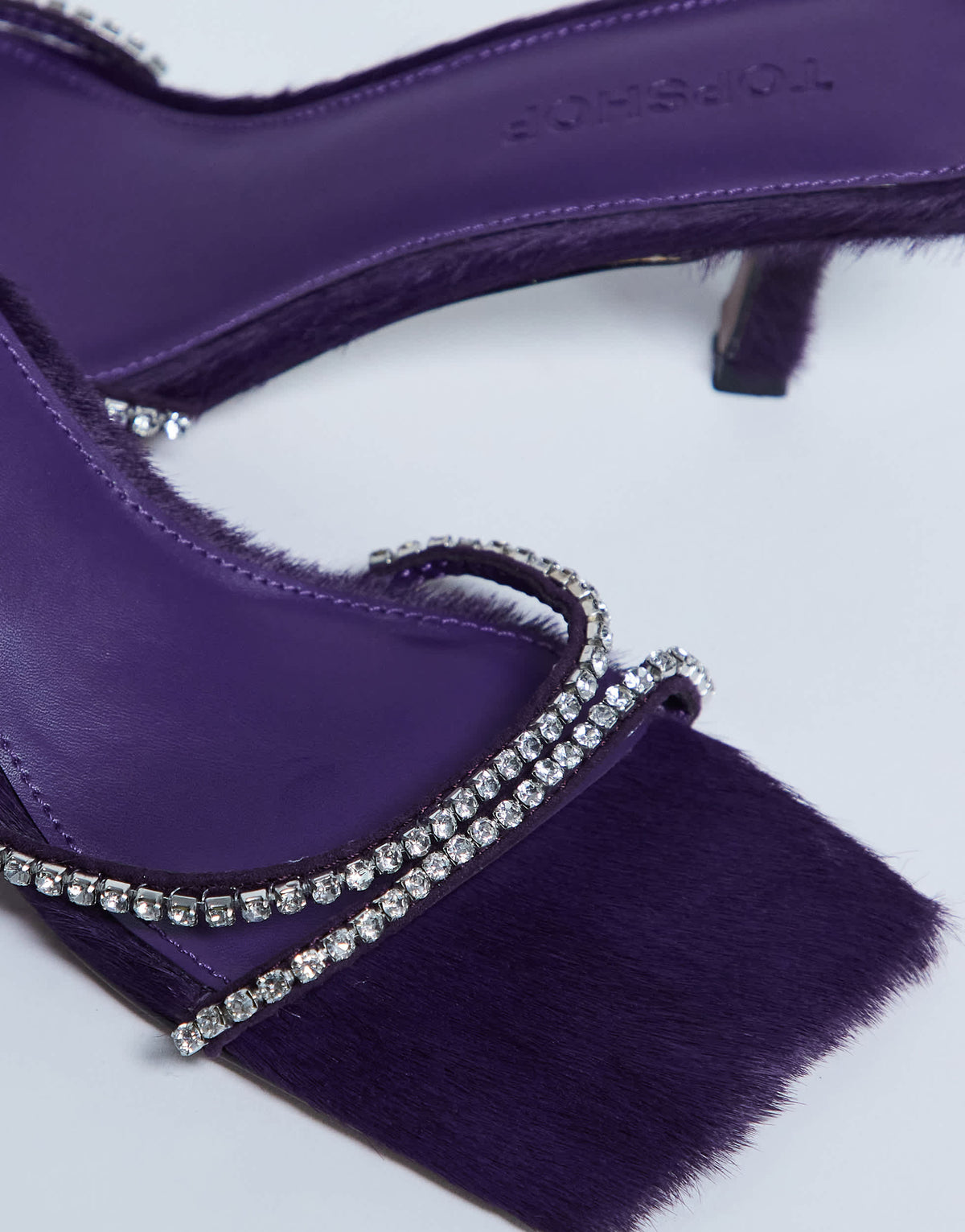 Topshop Astrid diamante heeled mule in purple hair on real leather