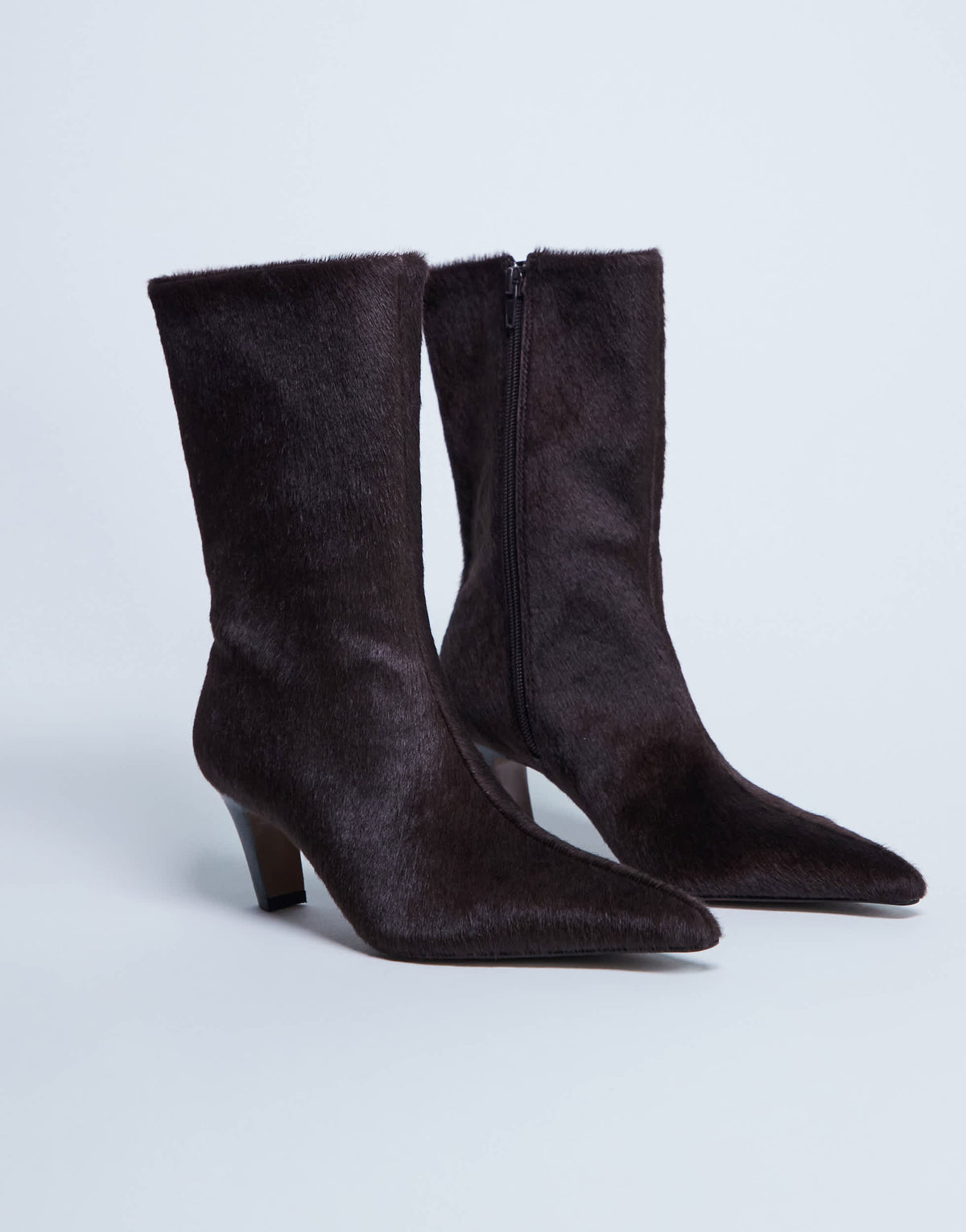 Topshop Poppy point toe ankle boot in chocolate hair on real leather