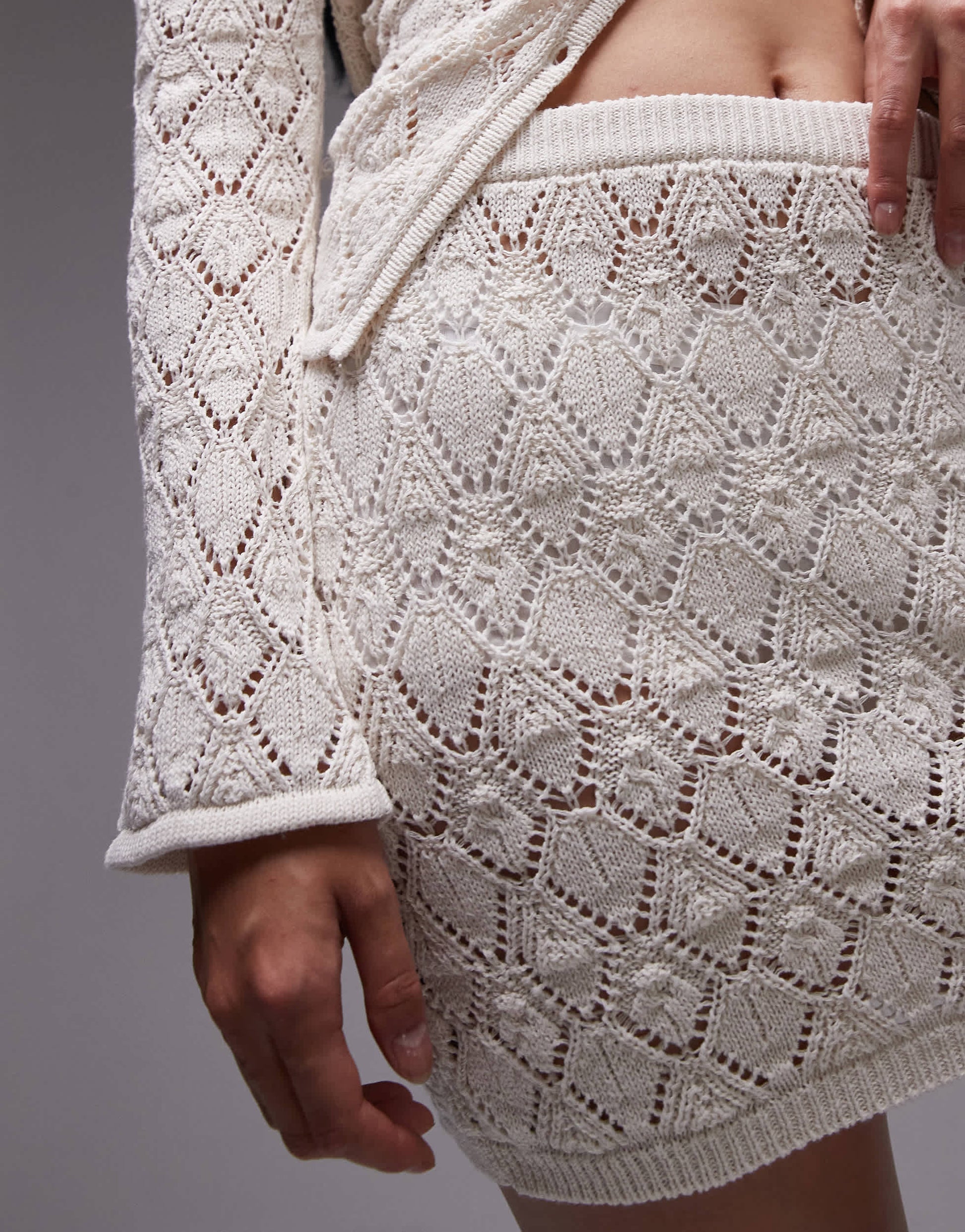 Topshop knitted stitchy mini skirt co-ord in ecru