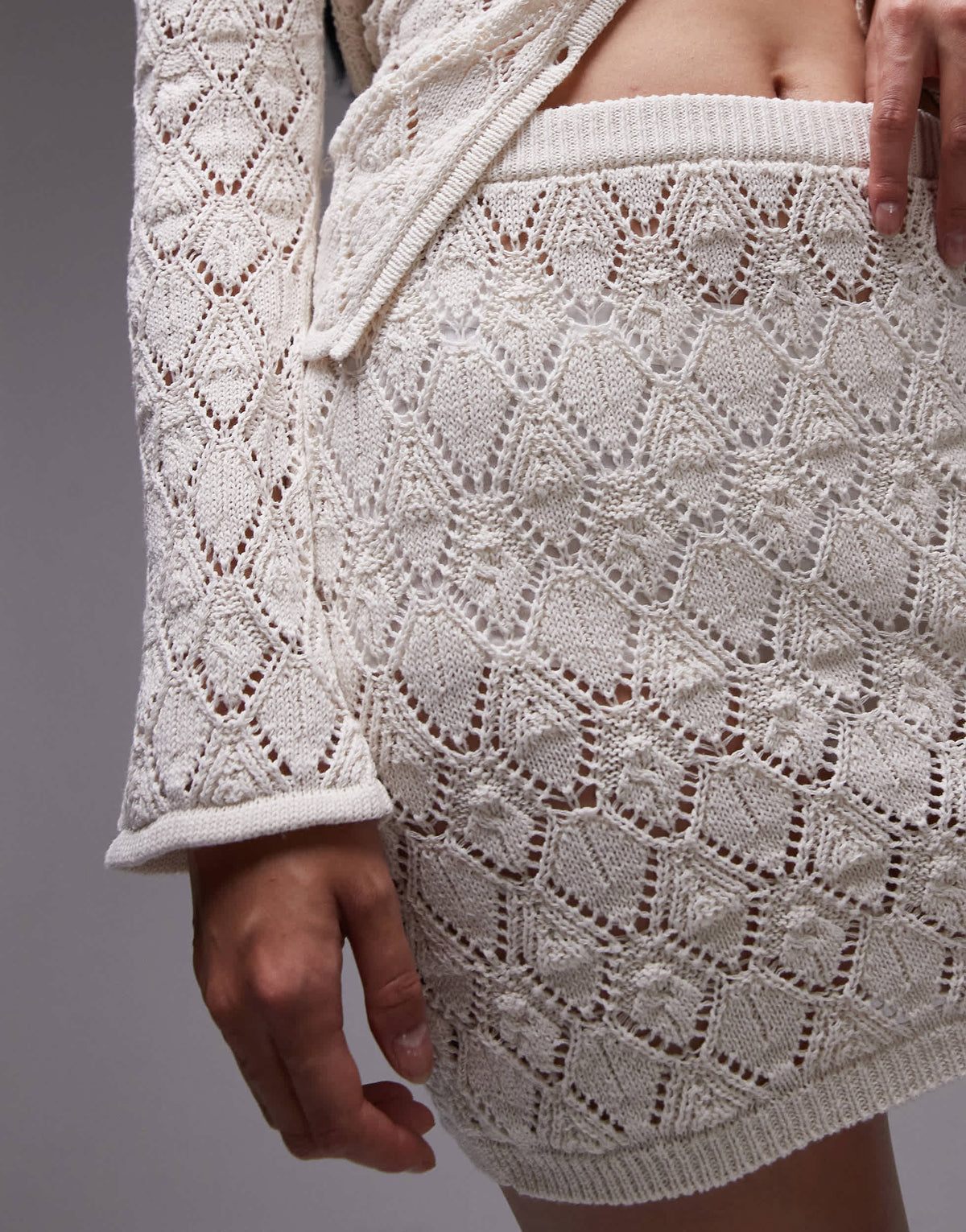 Topshop knitted stitchy mini skirt co-ord in ecru