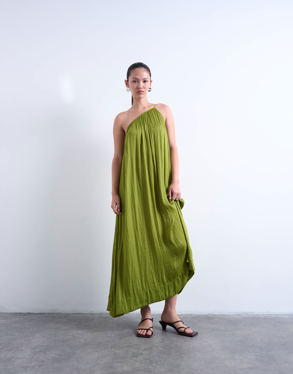 Topshop one shoulder chuck on liquid satin dress in green