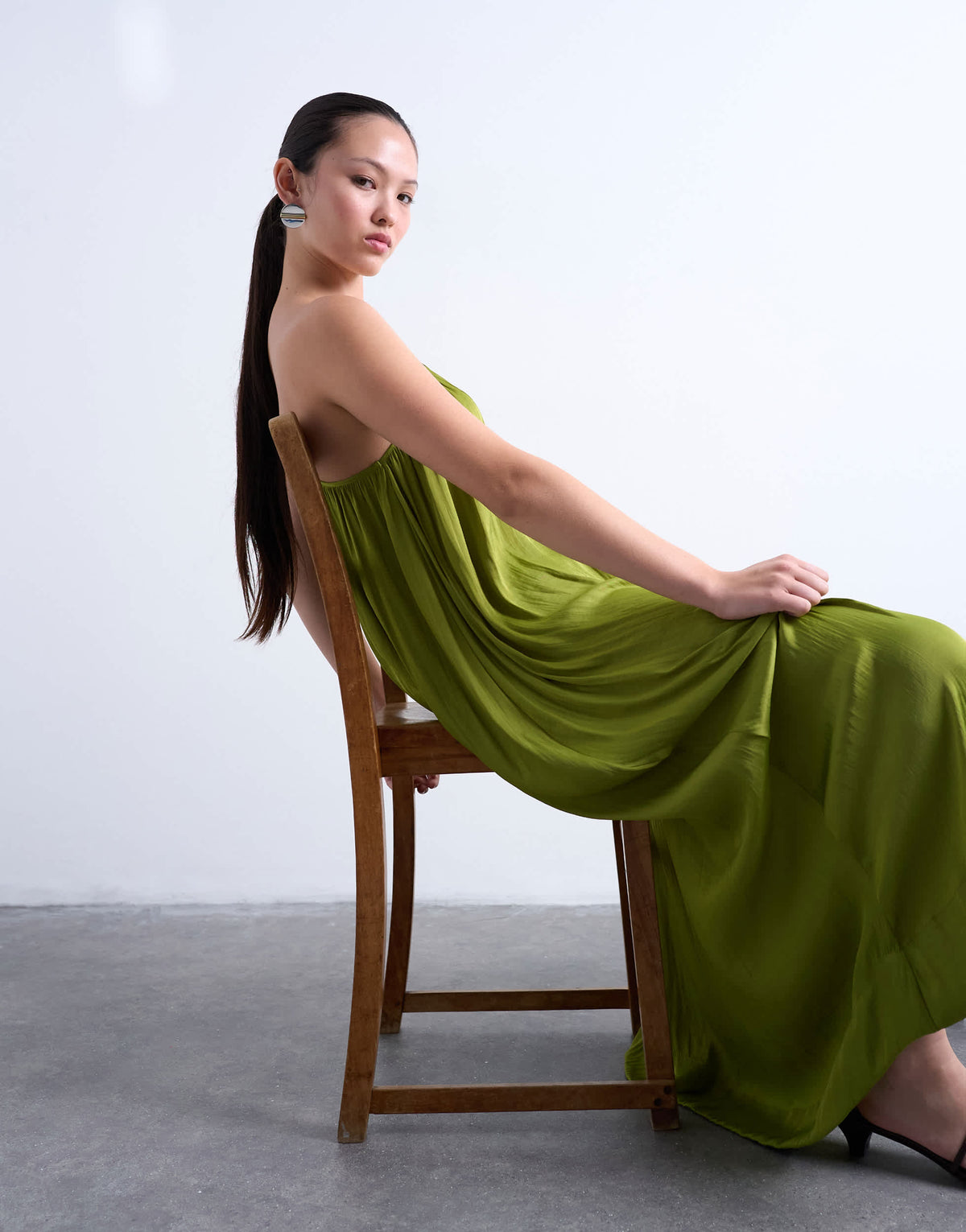 Topshop one shoulder chuck on liquid satin dress in green