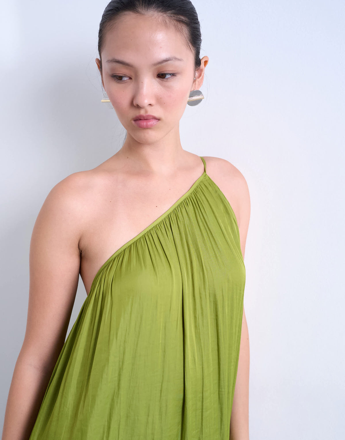 Topshop one shoulder chuck on liquid satin dress in green