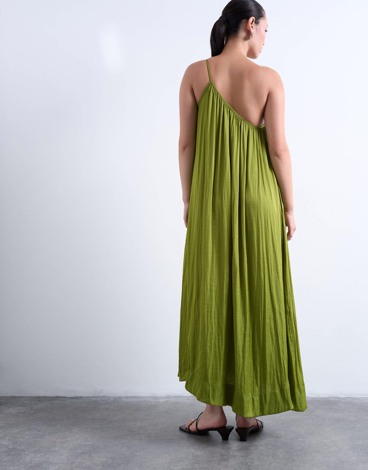 Topshop one shoulder chuck on liquid satin dress in green