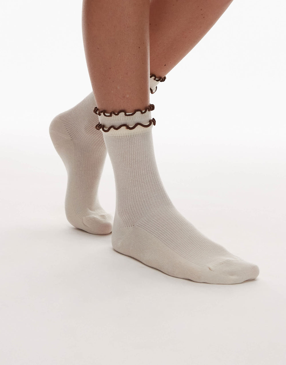 Topshop Daphne double frill sock in buttermilk with choc trim