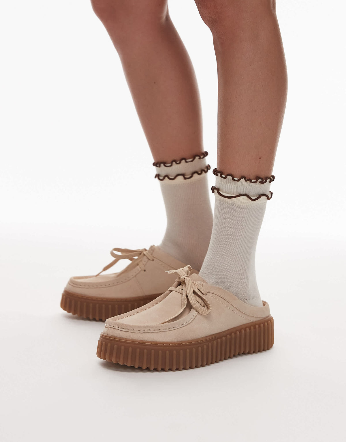 Topshop Daphne double frill sock in buttermilk with choc trim