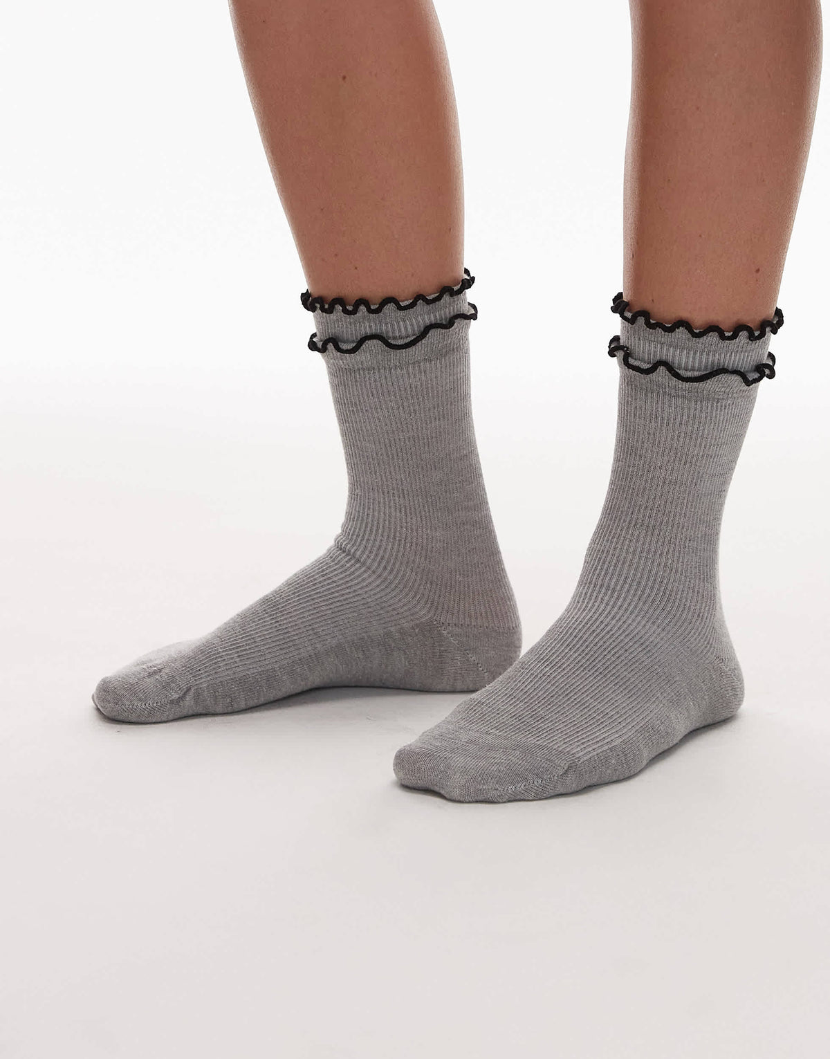 Topshop Daphne double frill sock in grey marl with black trim