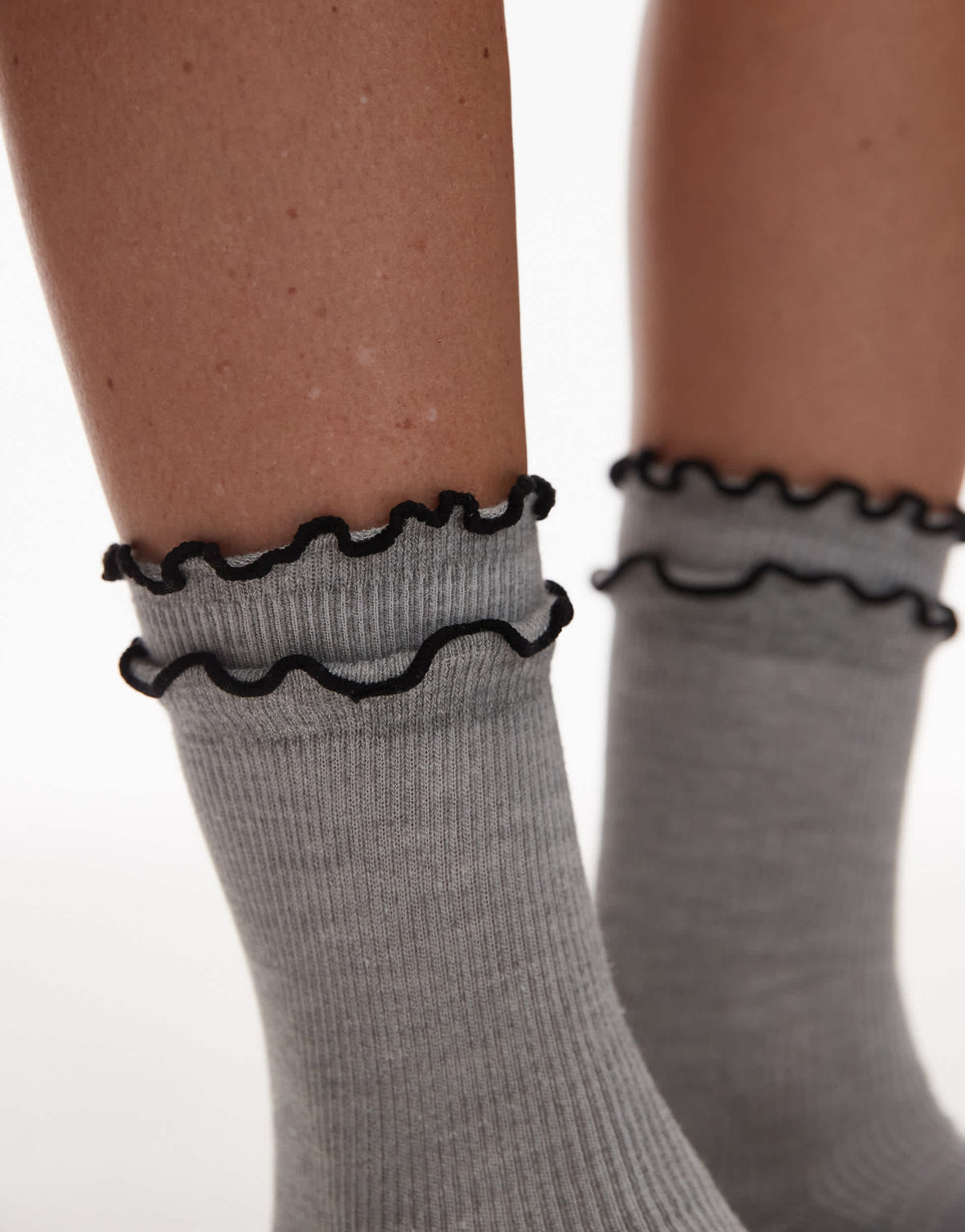 Topshop Daphne double frill sock in grey marl with black trim