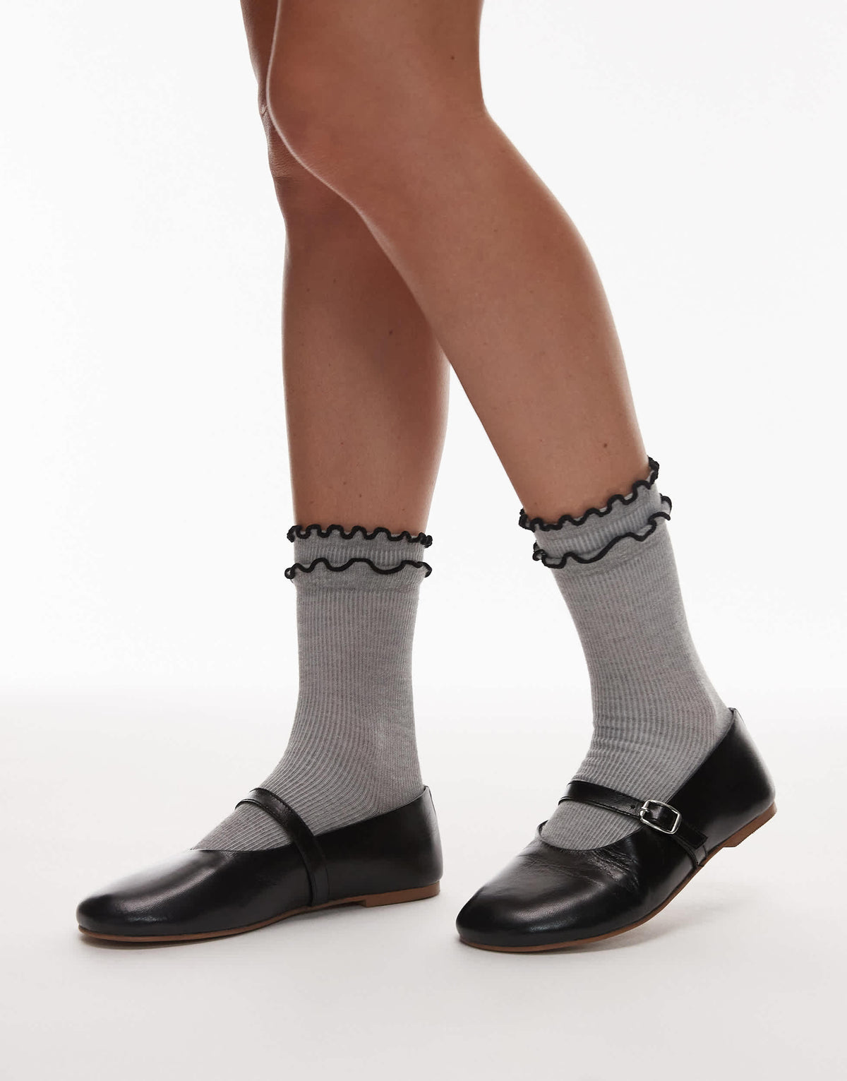 Topshop Daphne double frill sock in grey marl with black trim