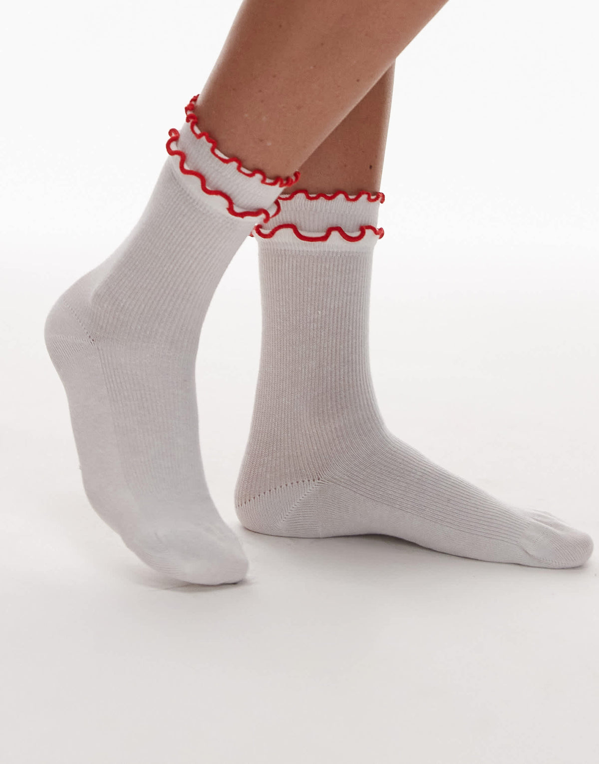 Topshop Daphne double frill sock in white with red trim