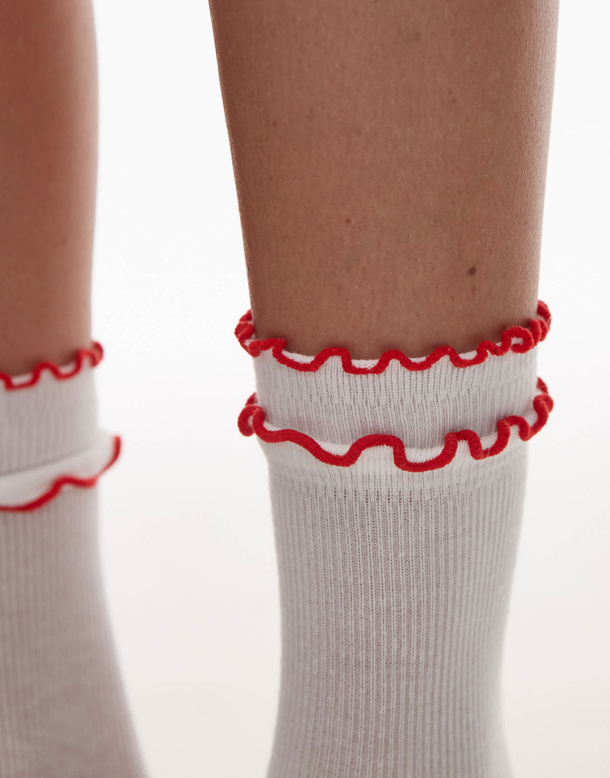Topshop Daphne double frill sock in white with red trim