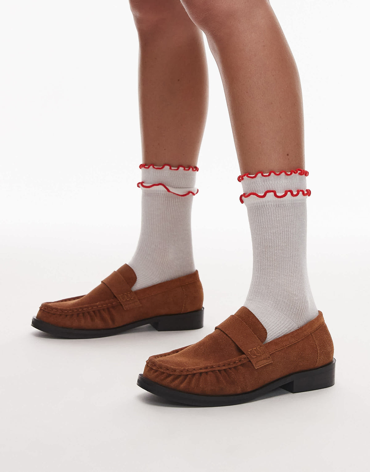 Topshop Daphne double frill sock in white with red trim