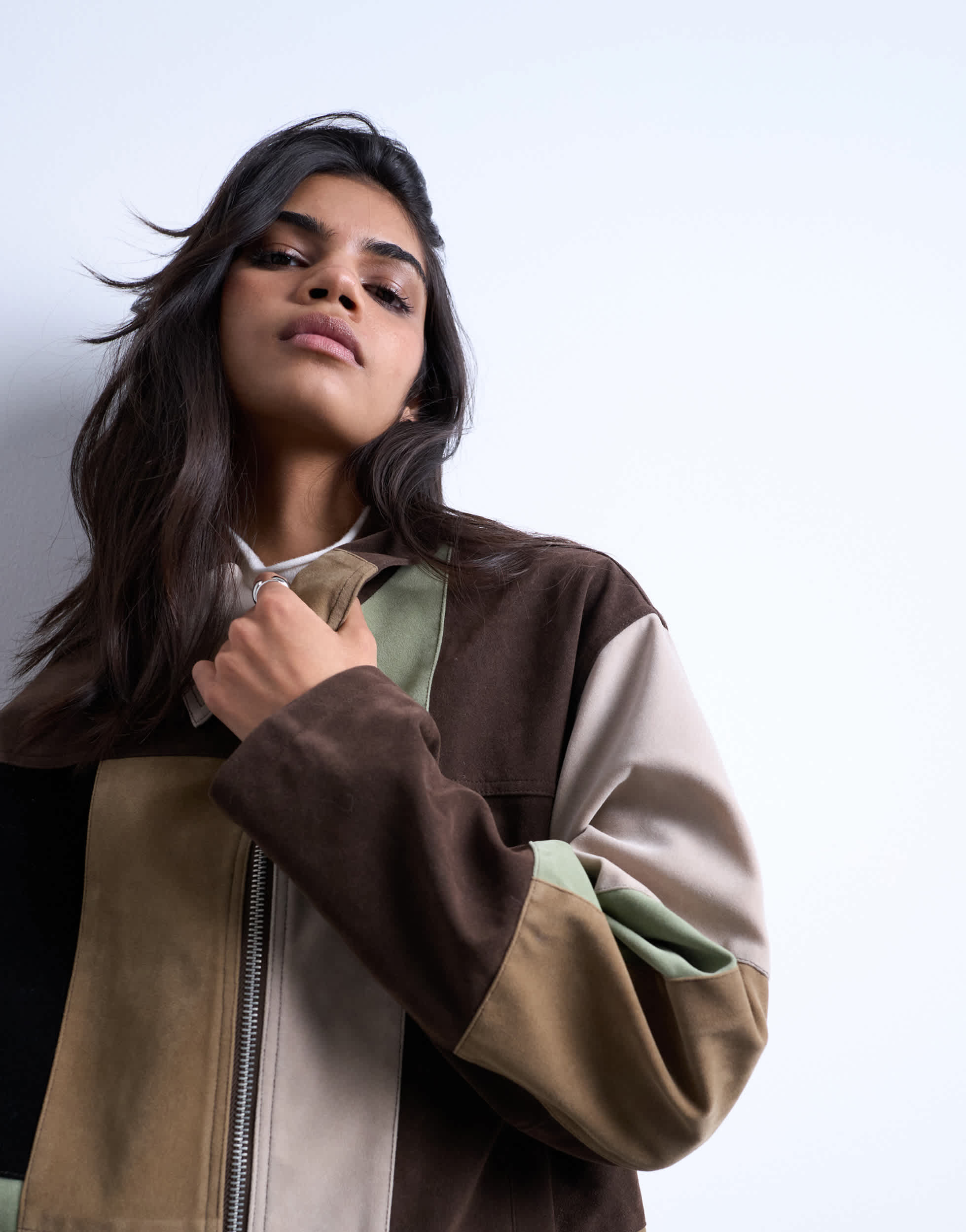 Veste Topshop carrée en suédine patchwork à fermeture éclair multicolore