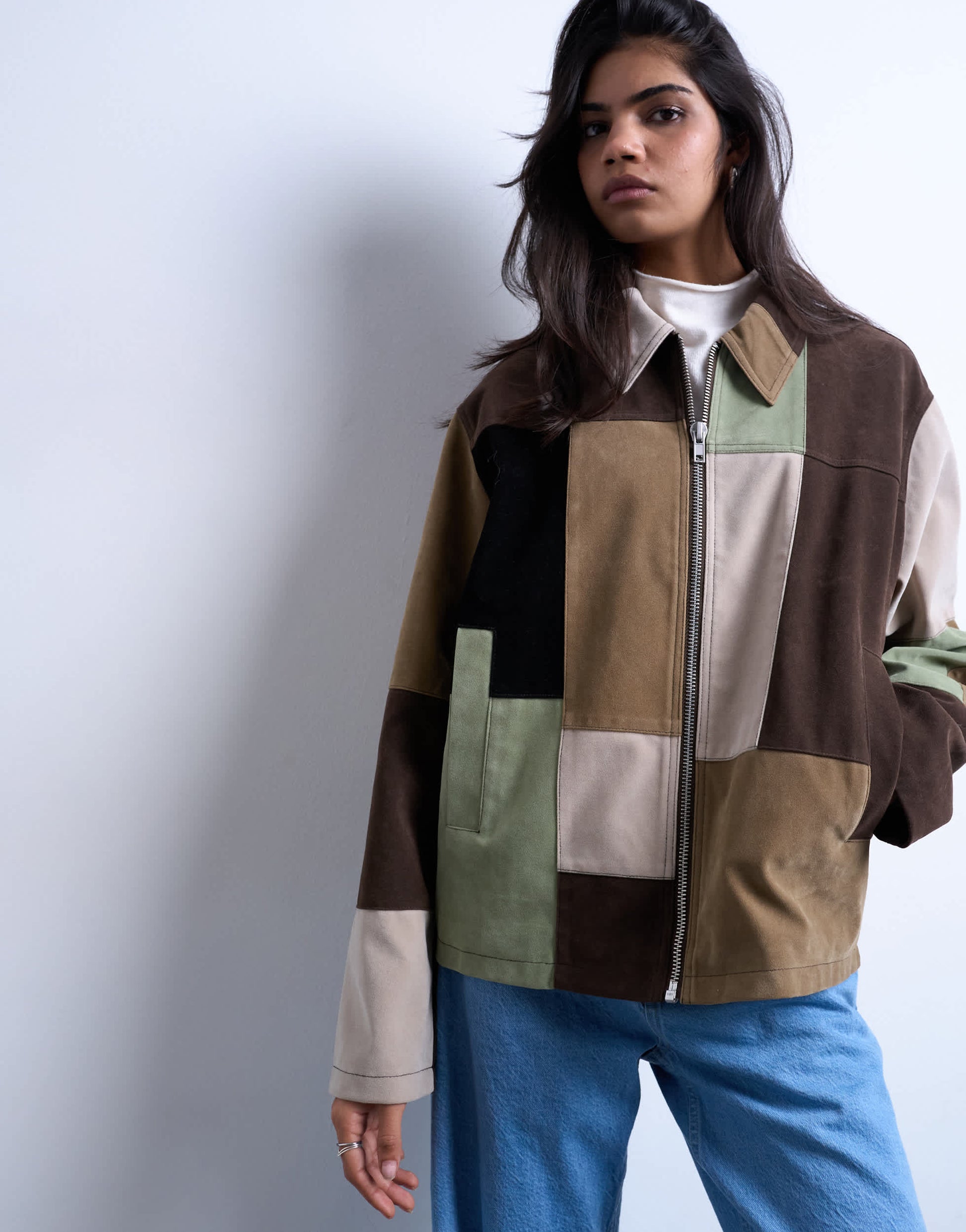 Topshop boxy faux suede patchwork zip through jacket in multi
