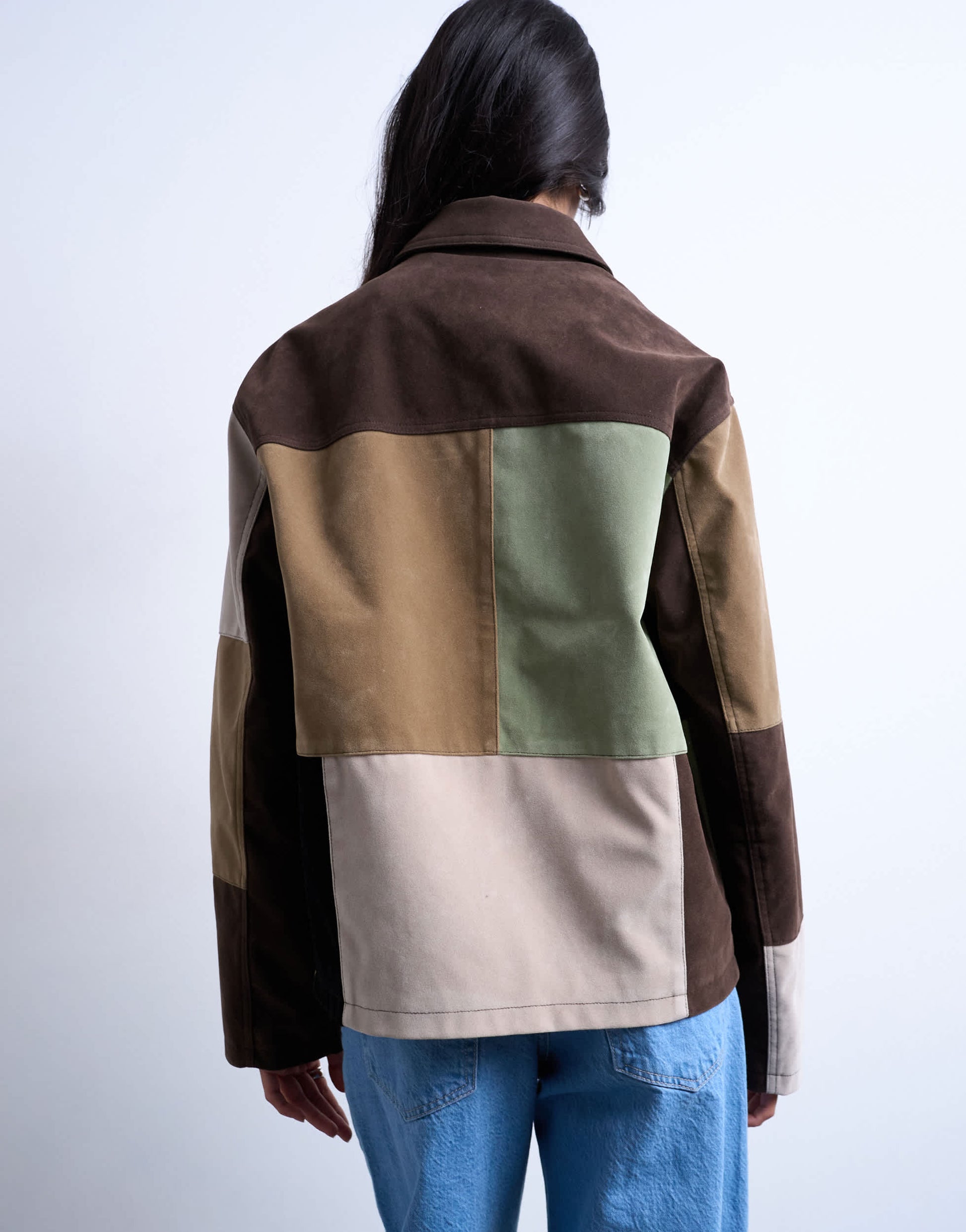 Topshop boxy faux suede patchwork zip through jacket in multi