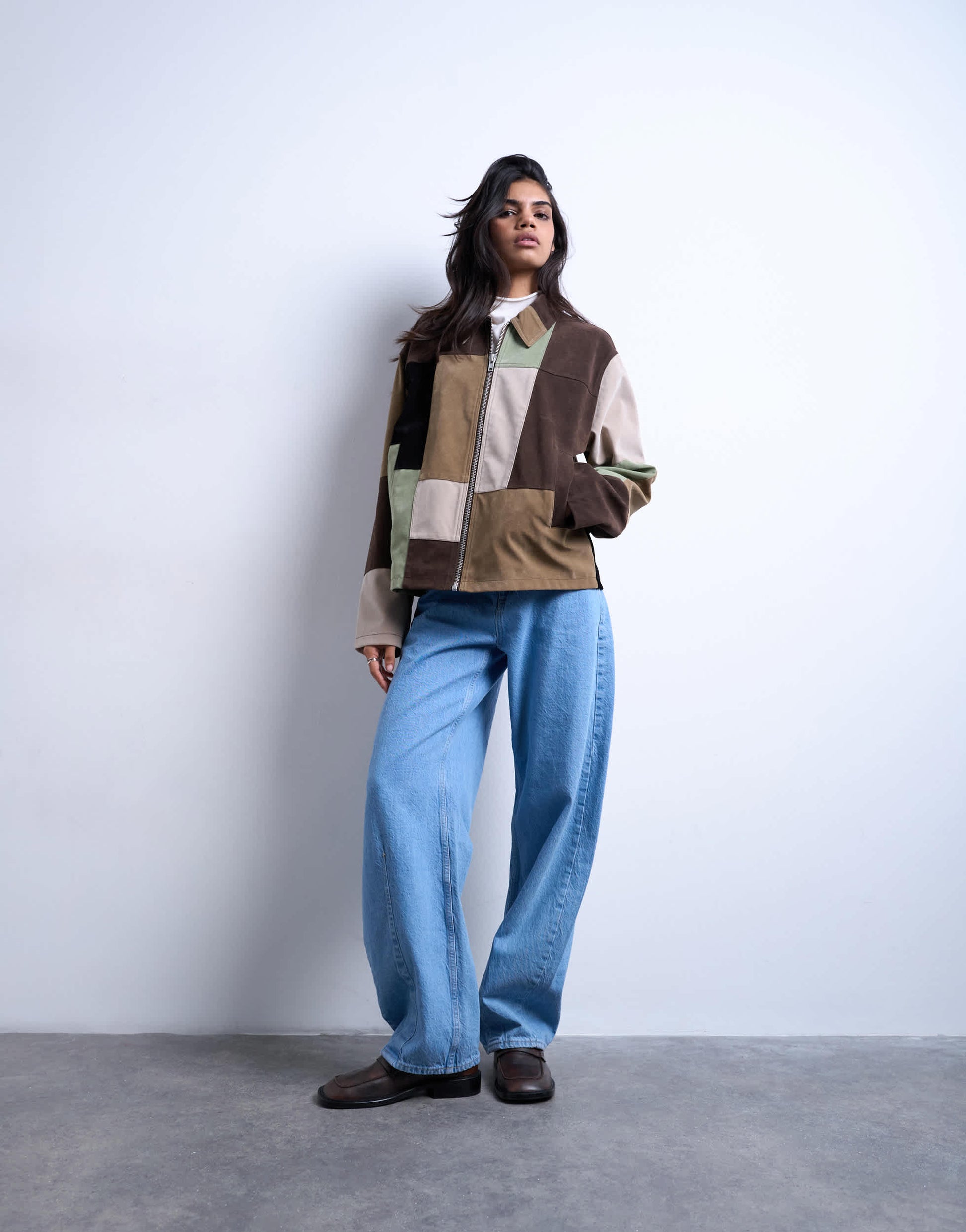 Topshop boxy faux suede patchwork zip through jacket in multi