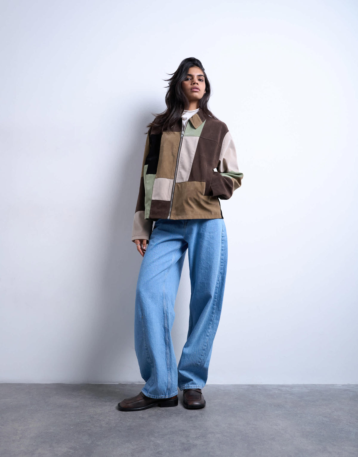 Topshop boxy faux suede patchwork zip through jacket in multi