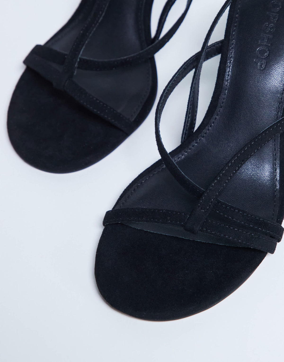 Topshop Felicity strappy high heeled sandal in black faux suede 