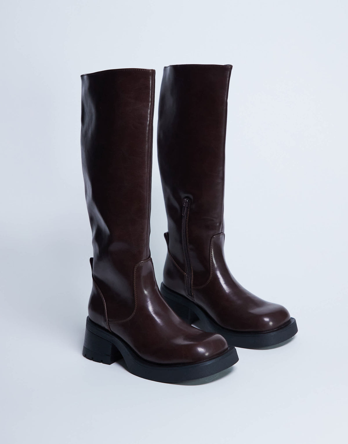 Topshop Rachel knee high chunky heeled boot in chocolate