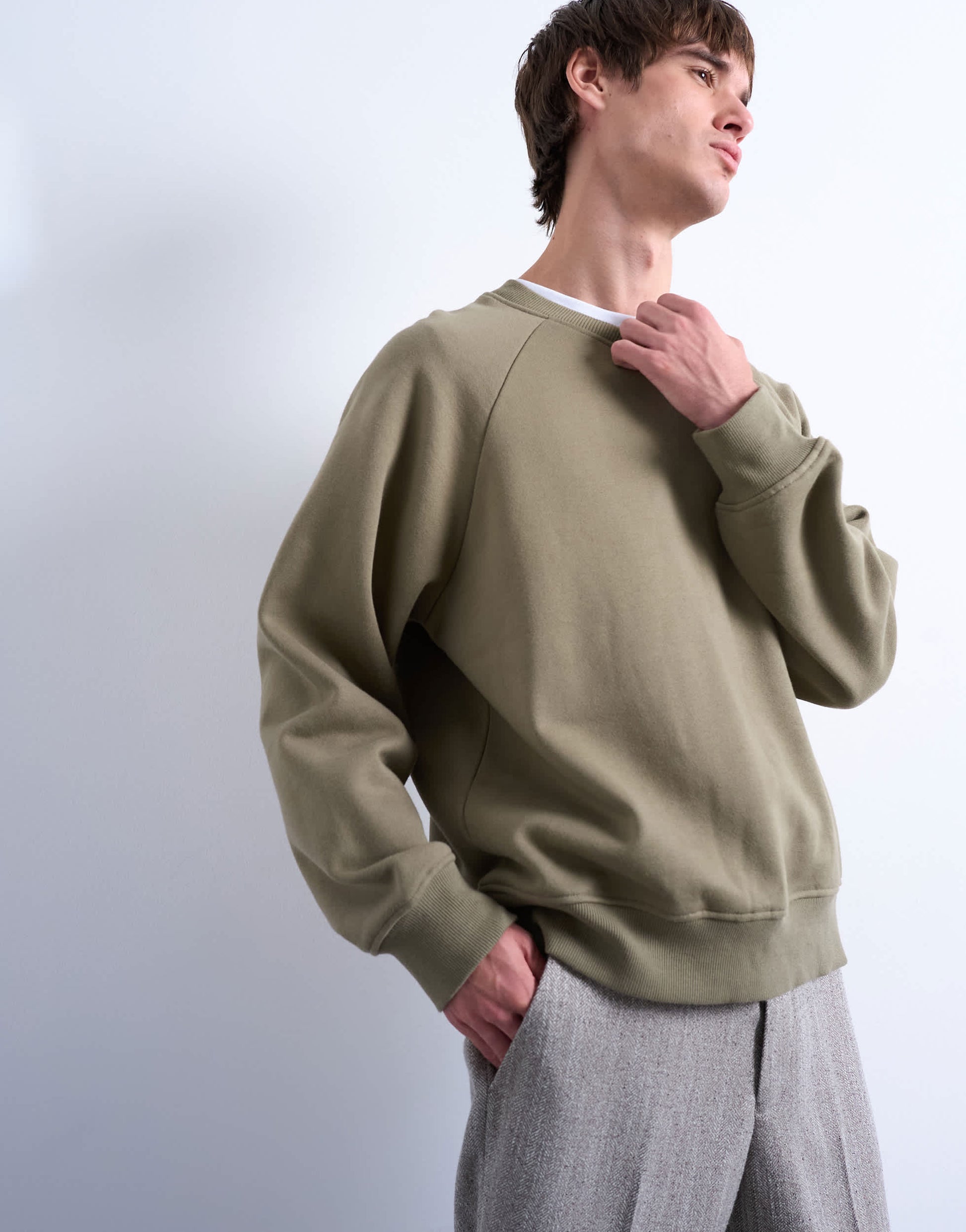 Topman boxy fit raglan sweatshirt in khaki