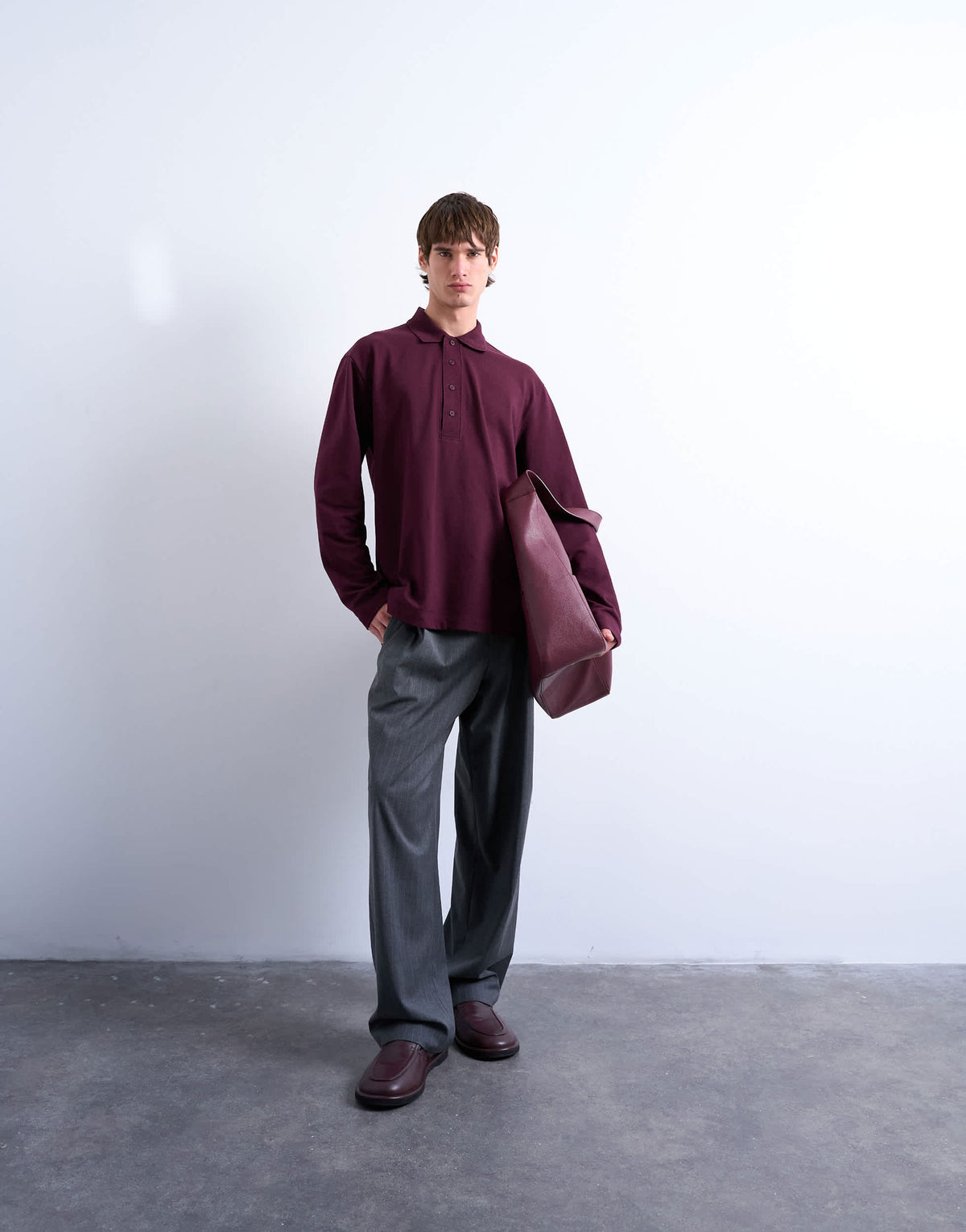 Topman long sleeve textured polo in burgundy