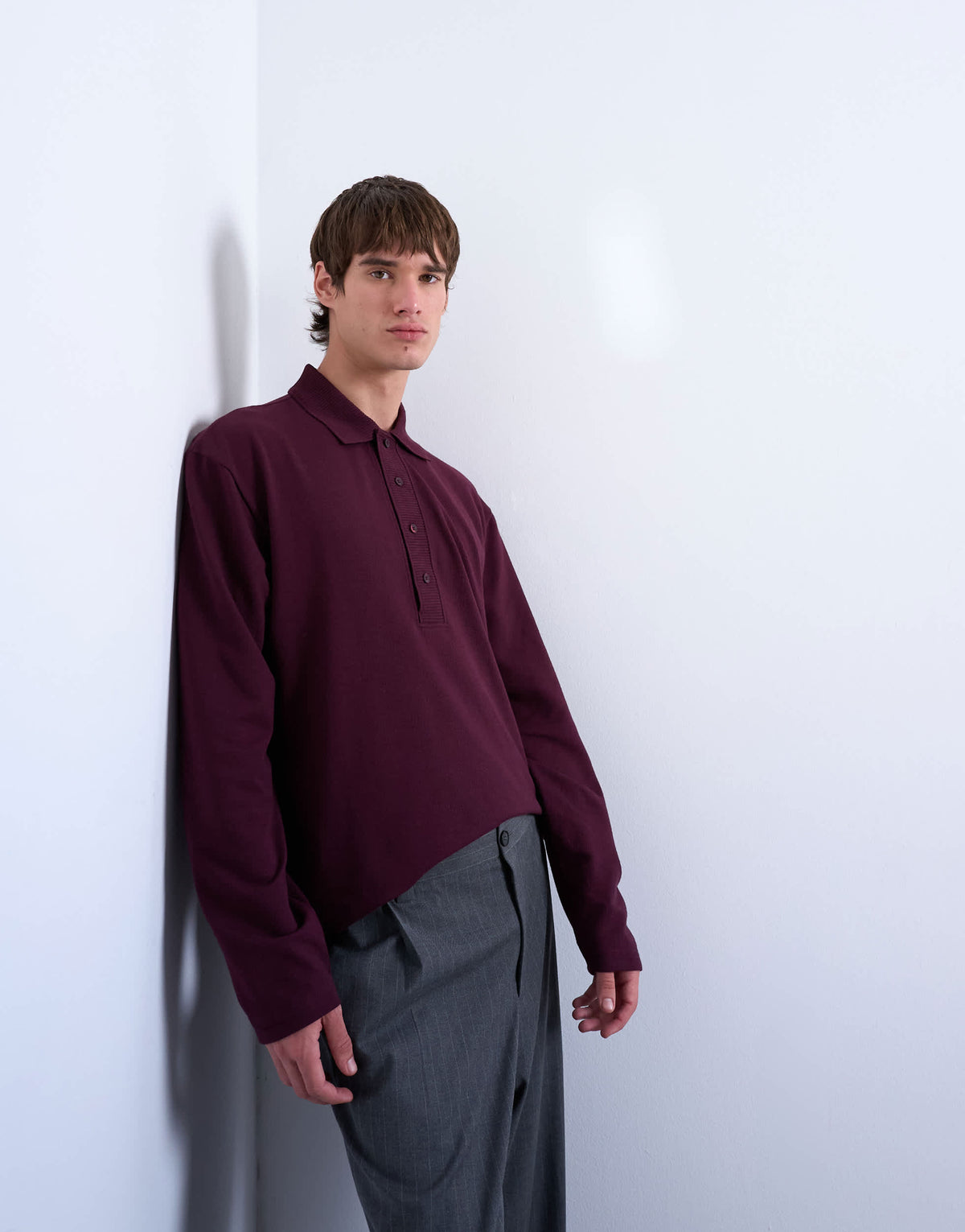Topman long sleeve textured polo in burgundy