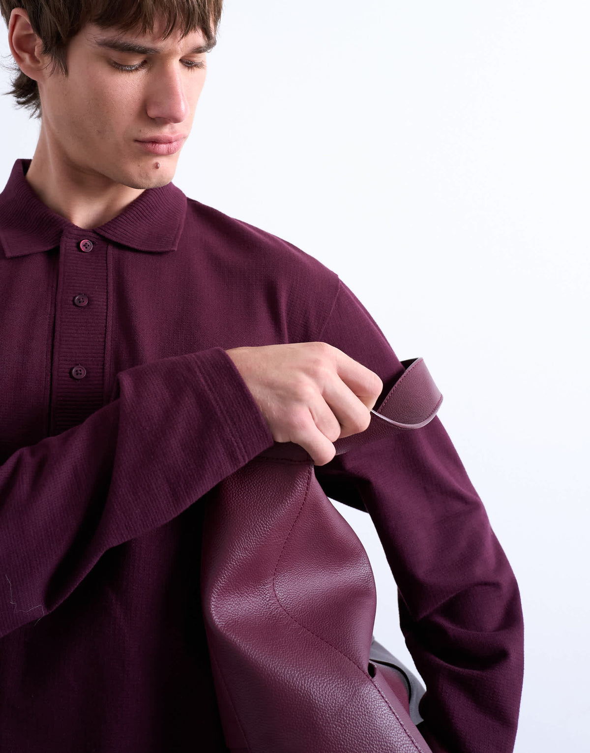 Topman long sleeve textured polo in burgundy