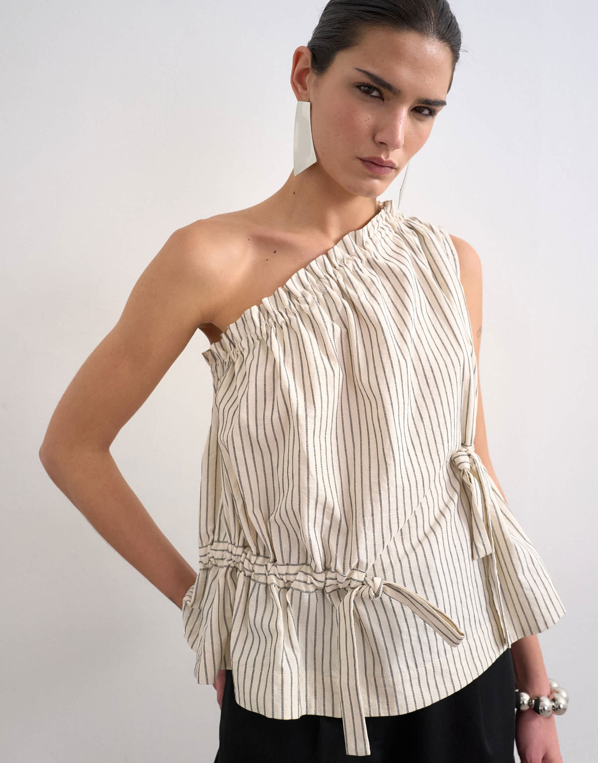 Topshop one shoulder woven stripe top in mono
