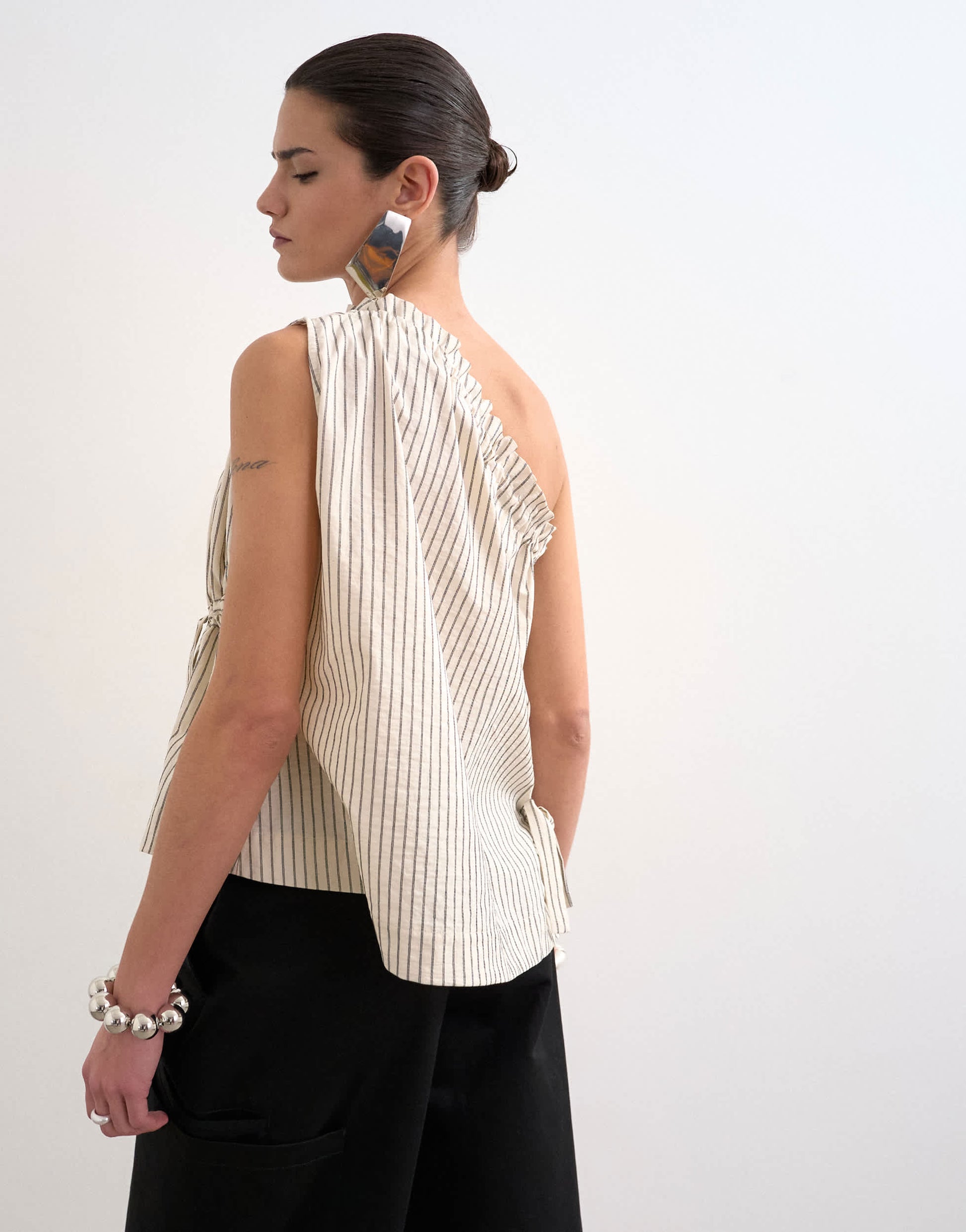 Topshop one shoulder woven stripe top in mono