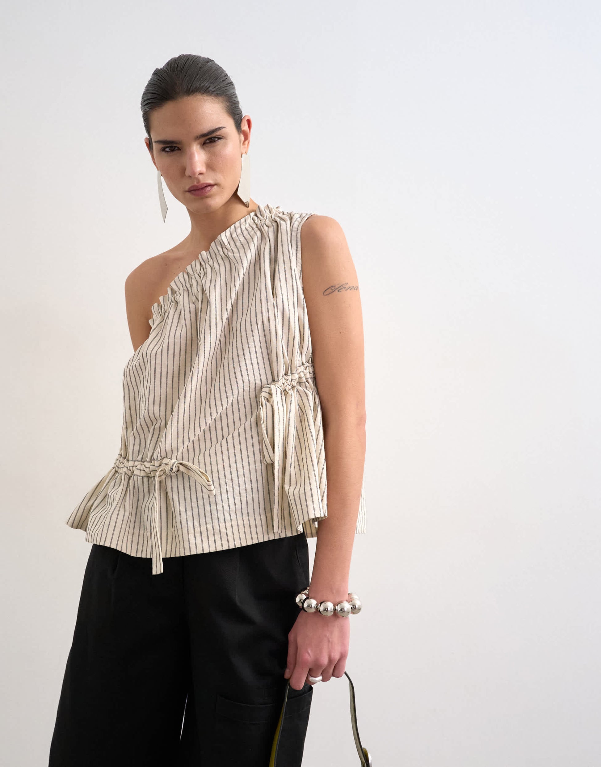 Topshop one shoulder woven stripe top in mono
