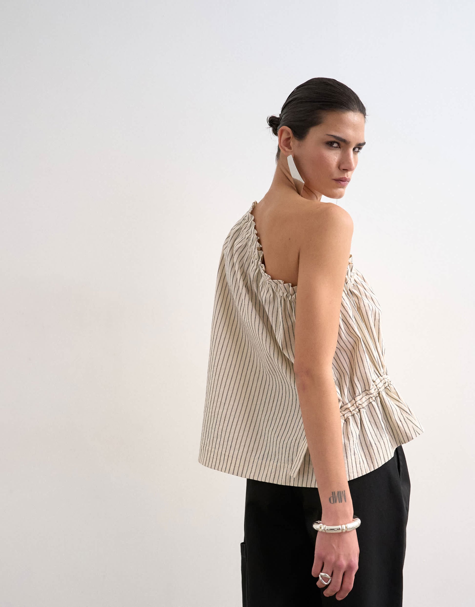 Topshop one shoulder woven stripe top in mono