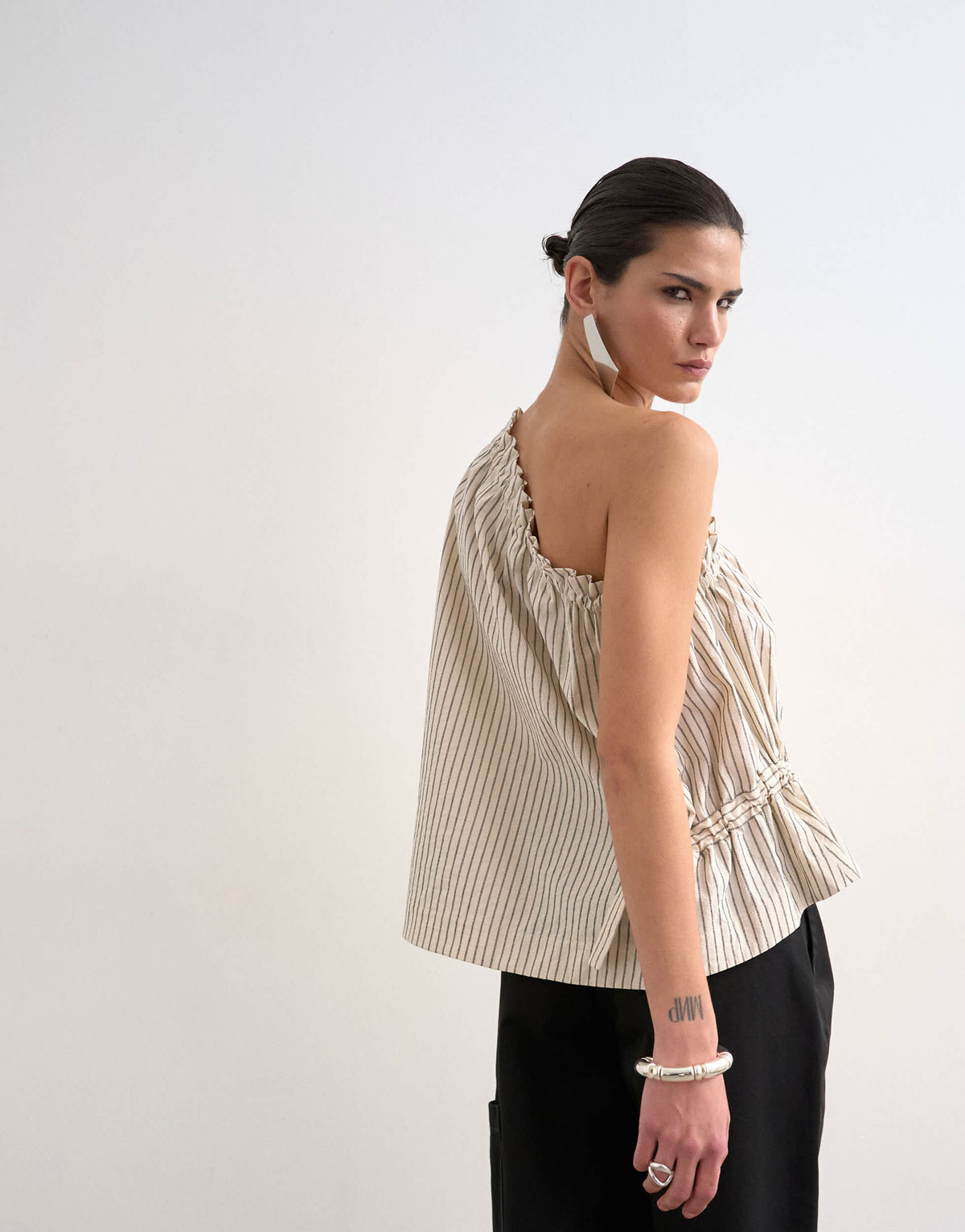 Topshop one shoulder woven stripe top in mono