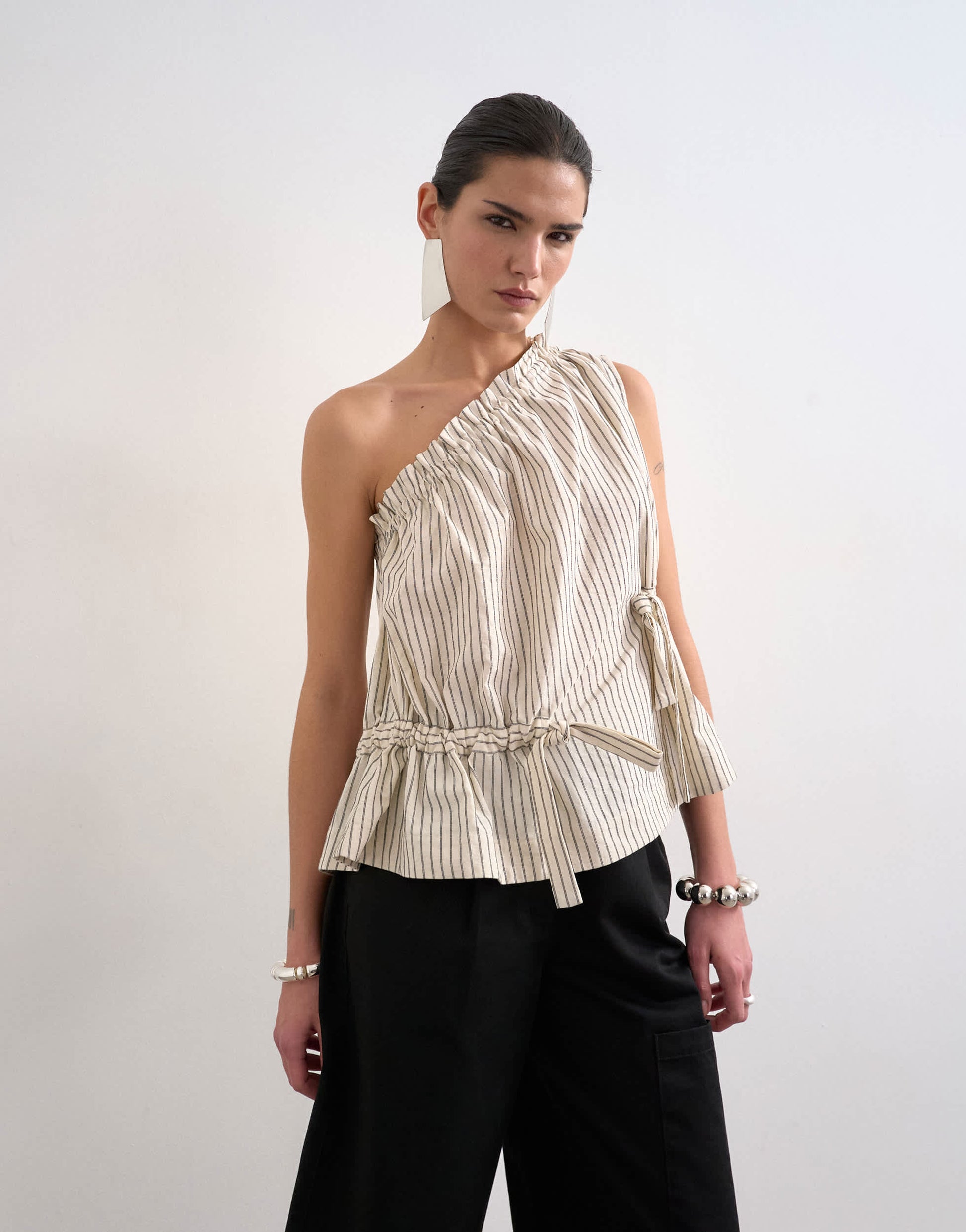 Topshop one shoulder woven stripe top in mono