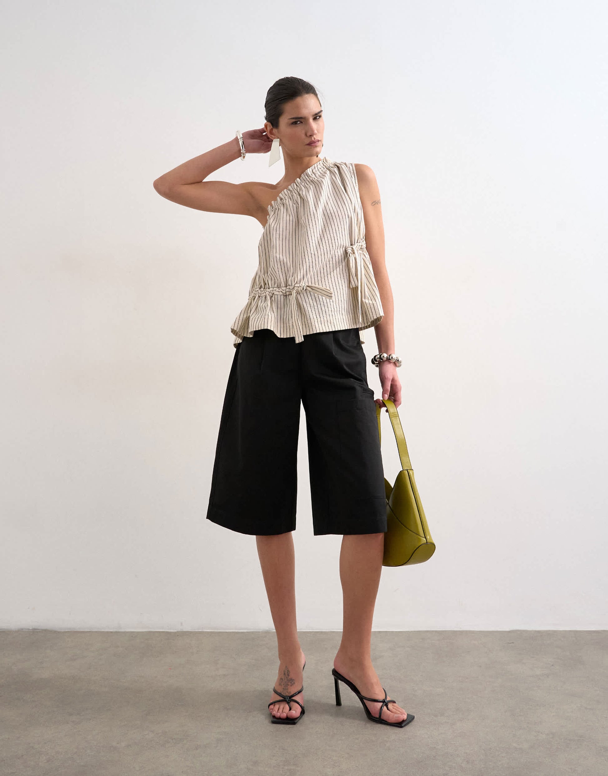 Topshop one shoulder woven stripe top in mono