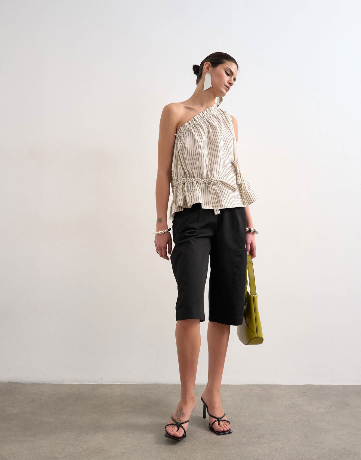 Topshop one shoulder woven stripe top in mono