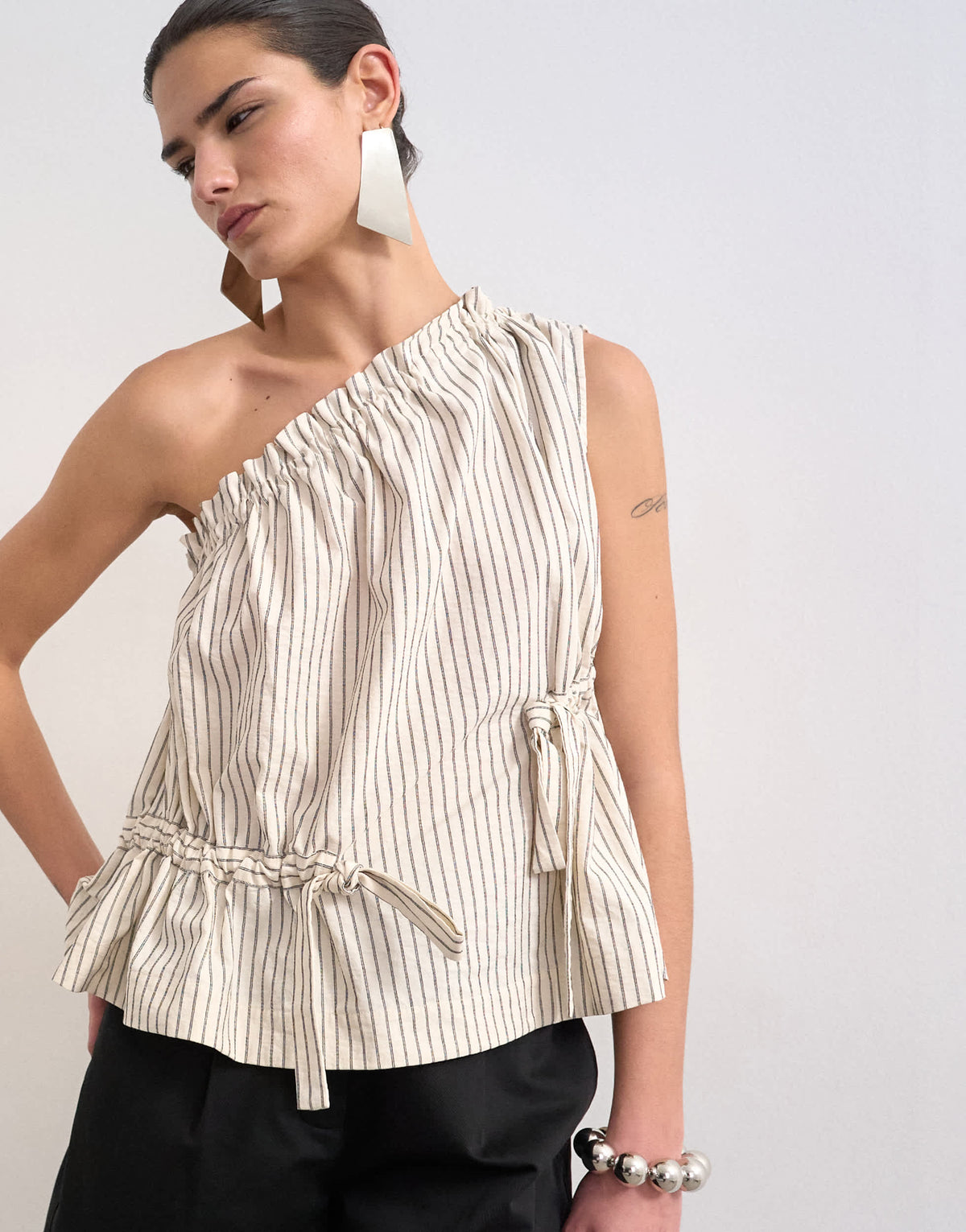 Topshop one shoulder woven stripe top in mono