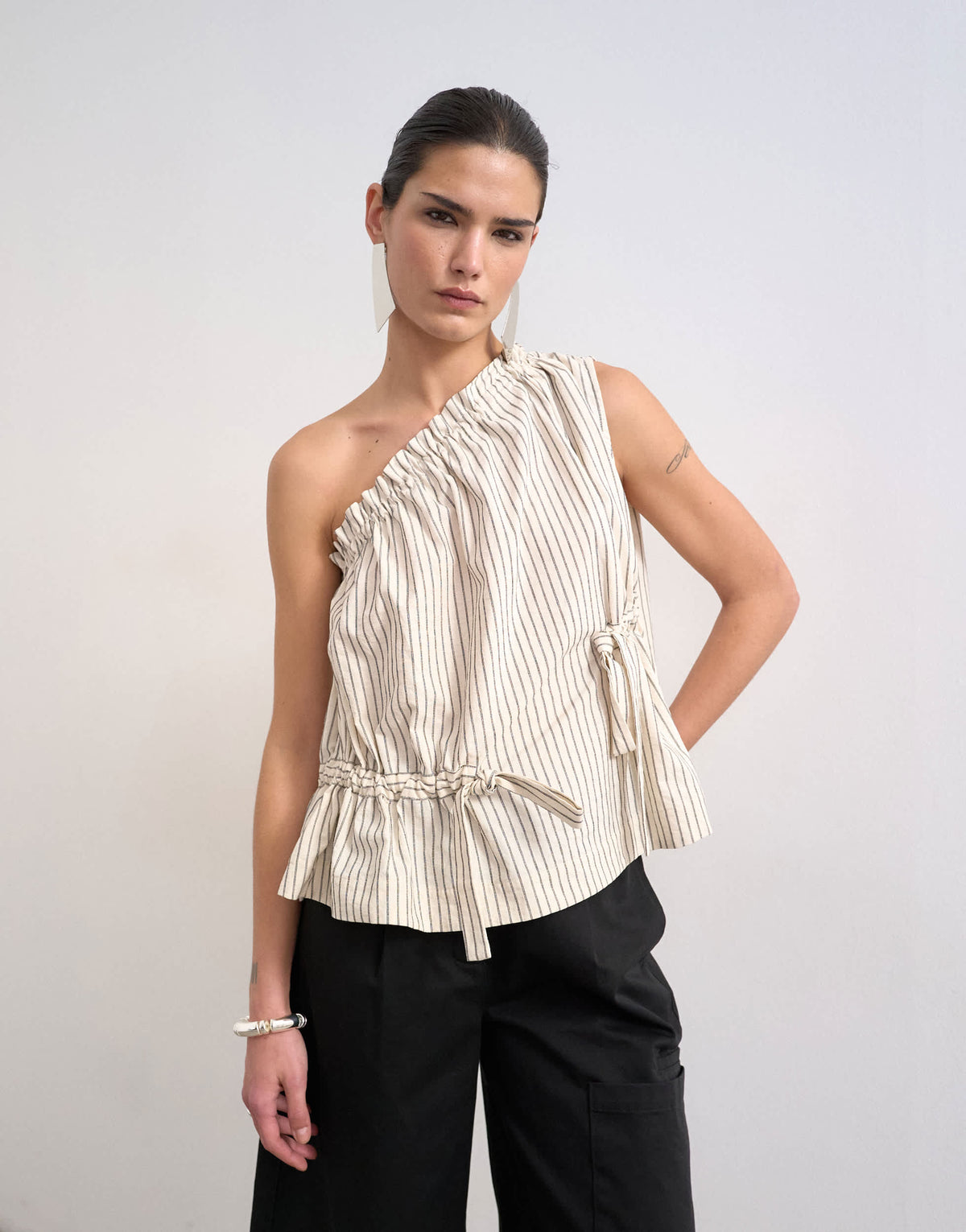 Topshop one shoulder woven stripe top in mono