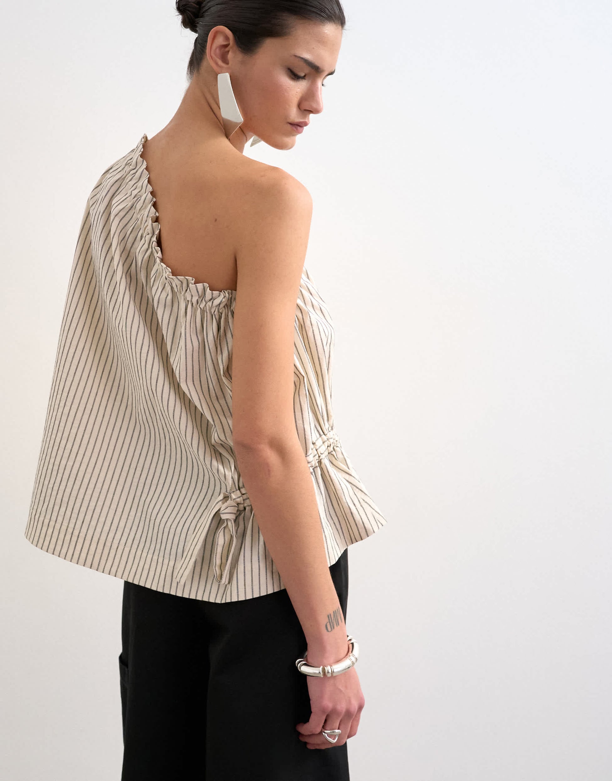Topshop one shoulder woven stripe top in mono