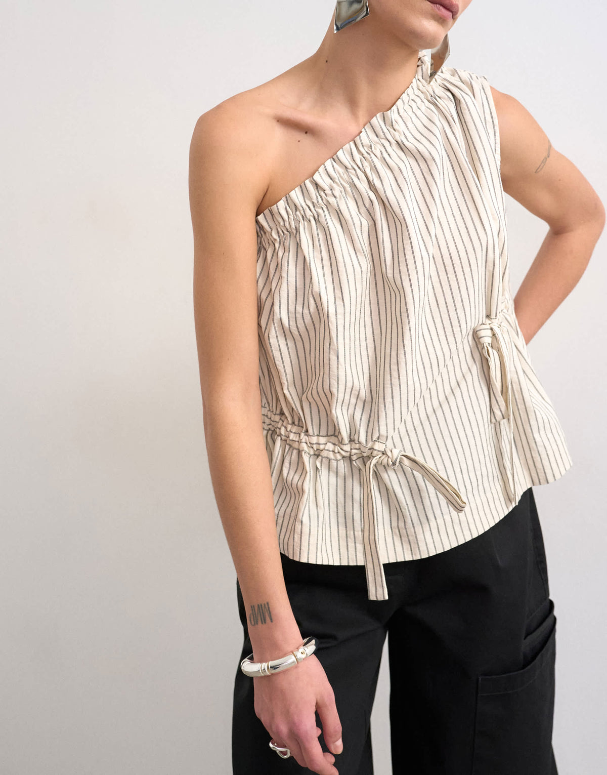 Topshop one shoulder woven stripe top in mono