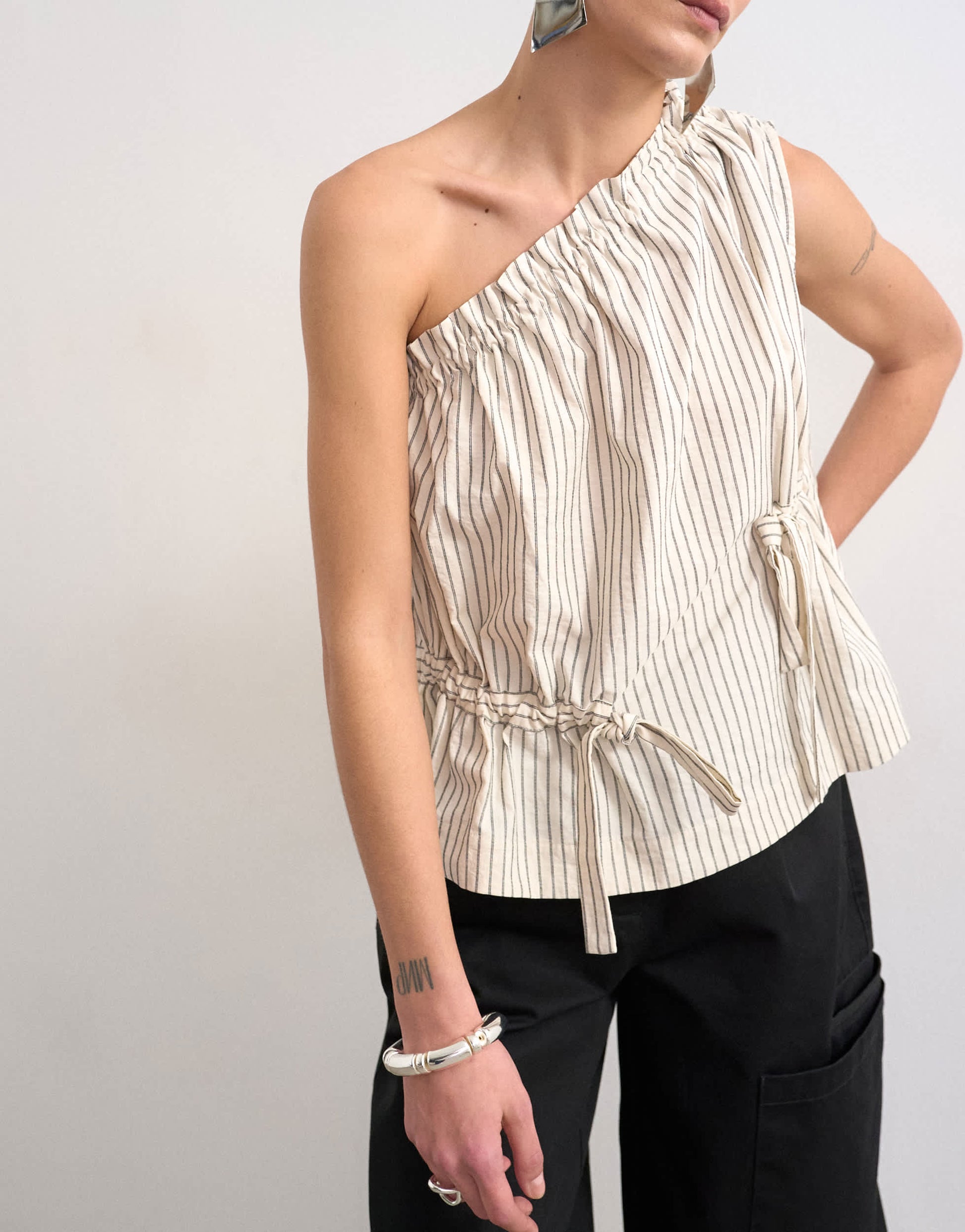 Topshop one shoulder woven stripe top in mono