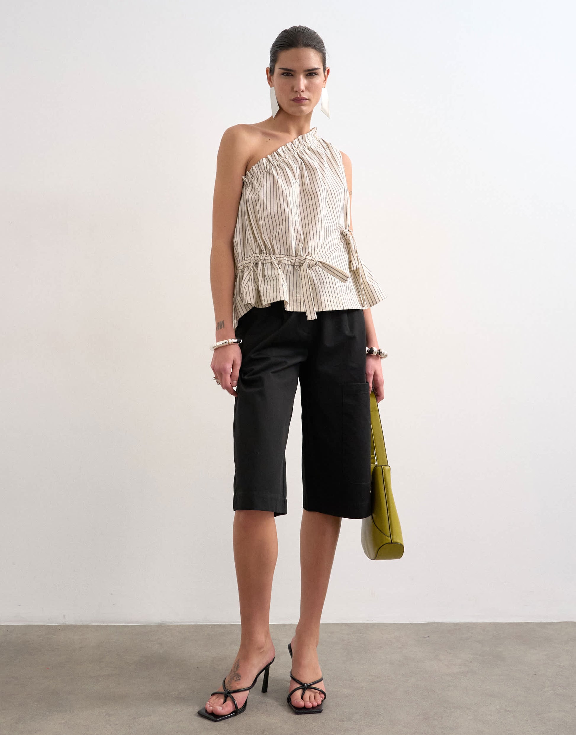Topshop one shoulder woven stripe top in mono