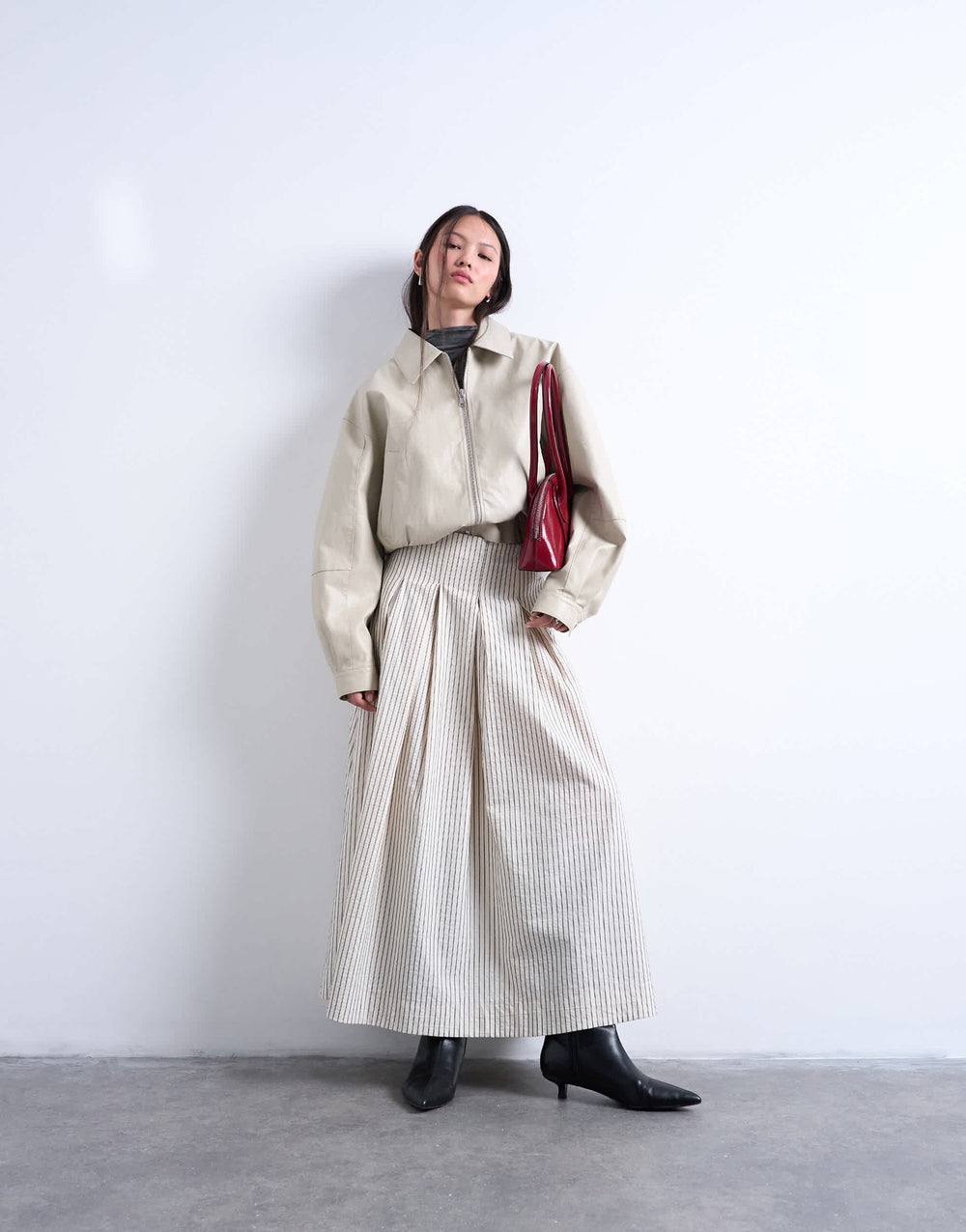 Topshop heavy pleated maxi full circle skirt in woven mono stripe