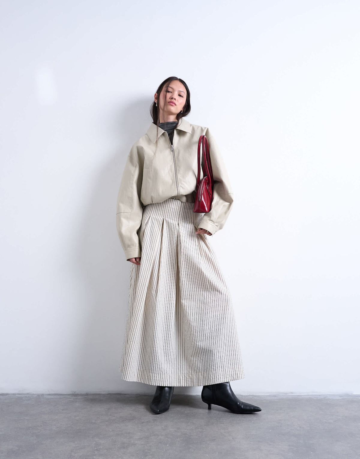 Topshop heavy pleated maxi full circle skirt in woven mono stripe