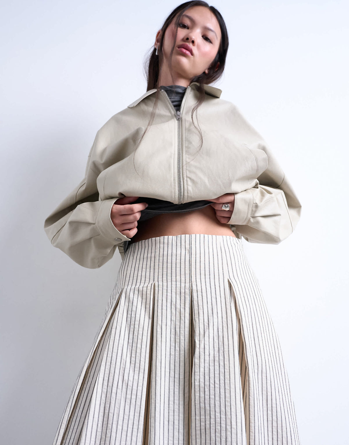 Topshop heavy pleated maxi full circle skirt in woven mono stripe