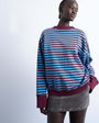 Topshop stripe oversized deep cuff sweat in blue and burgundy