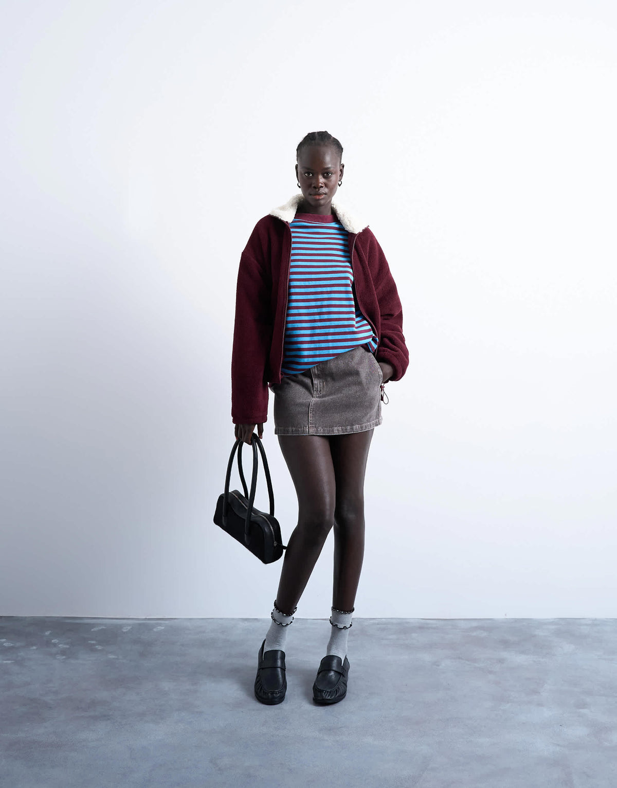Topshop stripe oversized deep cuff sweat in blue and burgundy