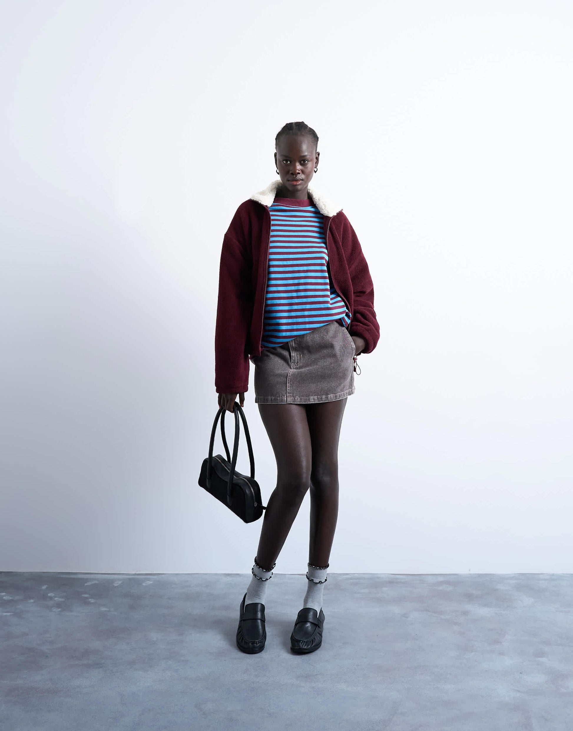 Topshop stripe oversized deep cuff sweat in blue and burgundy