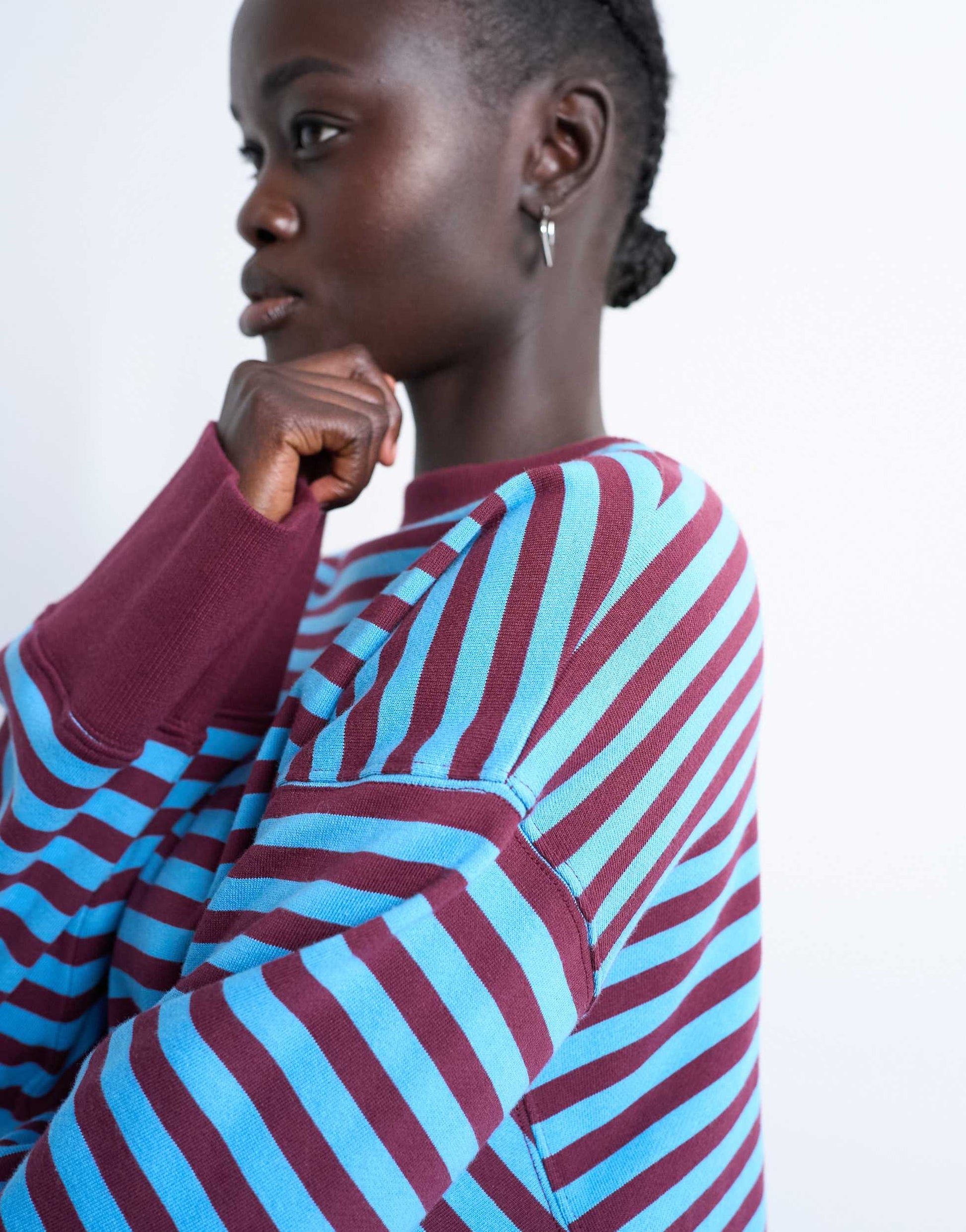 Topshop stripe oversized deep cuff sweat in blue and burgundy